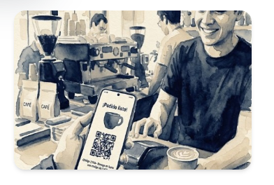 Barista en cafetería con pedido listo y código QR en la app RITU